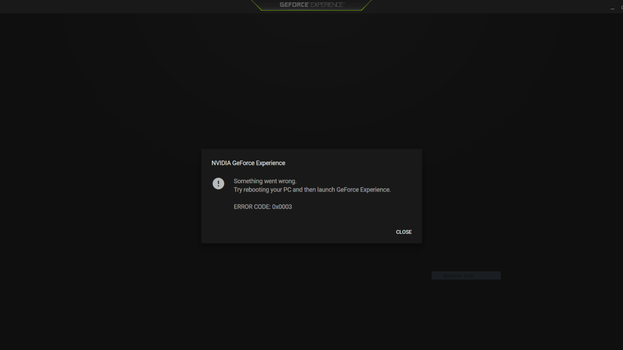 Nvidia GeForce Experience Error Code 0x0003 message