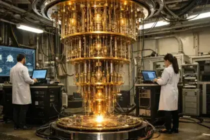 Quantum Computer in a lab with scientists doing lab experiments using it.