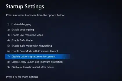 Disable driver signature enforcement Windows 11 startup settings screen.