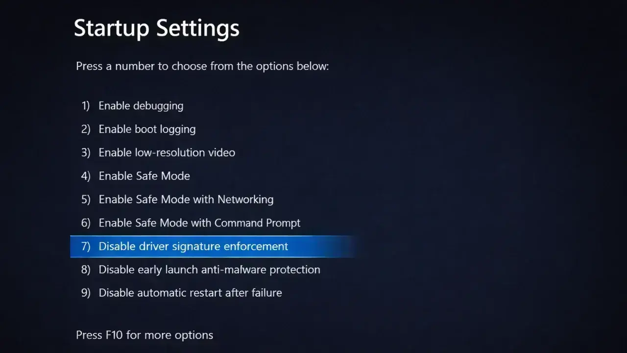 Disable driver signature enforcement Windows 11 startup settings screen.