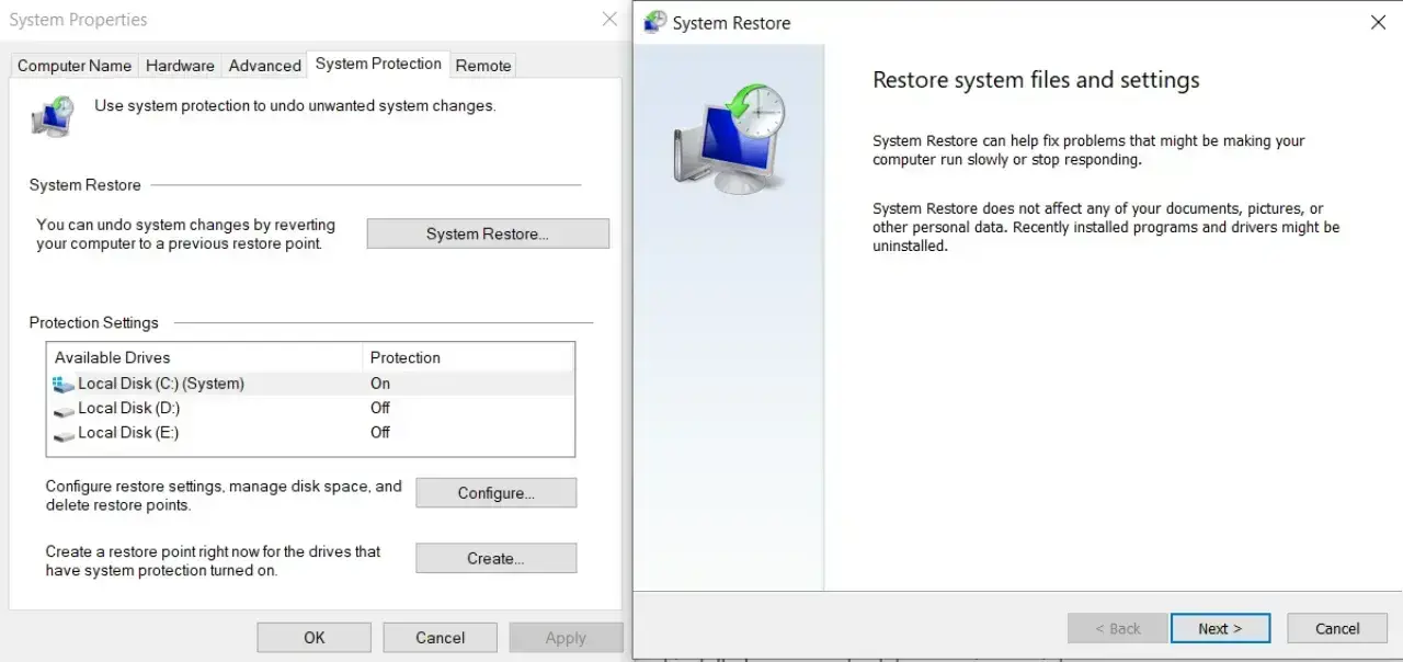 System Restore menus side by side