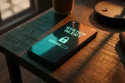 A smartphone on a wooden desk displaying a system alert notification with a padlock icon.