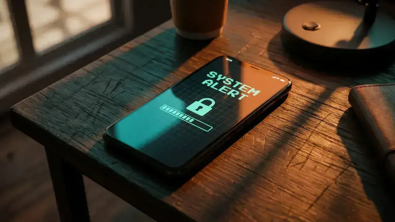 A smartphone on a wooden desk displaying a system alert notification with a padlock icon.