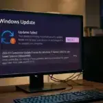 Windows Update failed error screen on desktop monitor showing update issue and retry option.