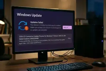 Windows Update failed error screen on desktop monitor showing update issue and retry option.