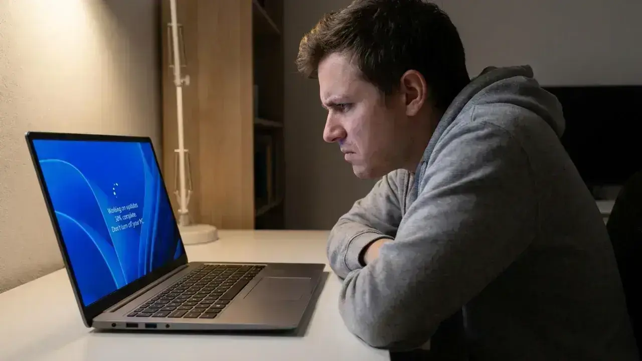 Windows 11 update screen with loading spinner and user waiting anxiously.