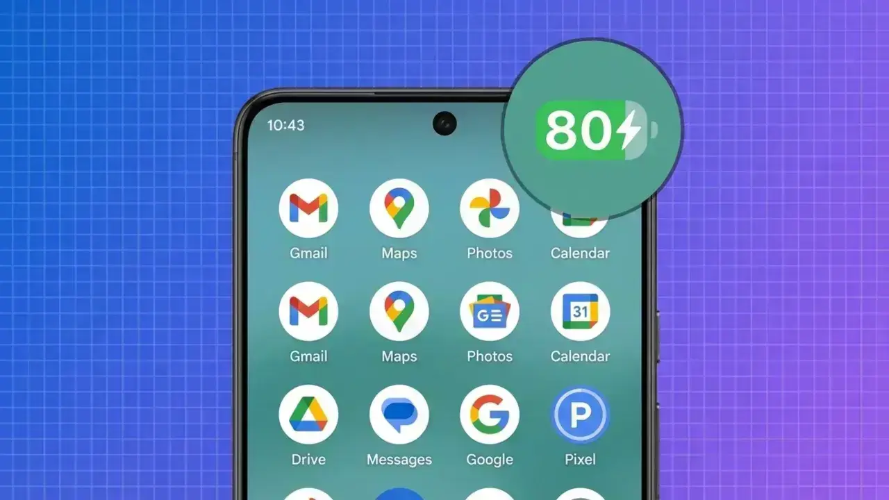 Android smartphone screen displaying an 80% battery charge icon against a blue grid background.