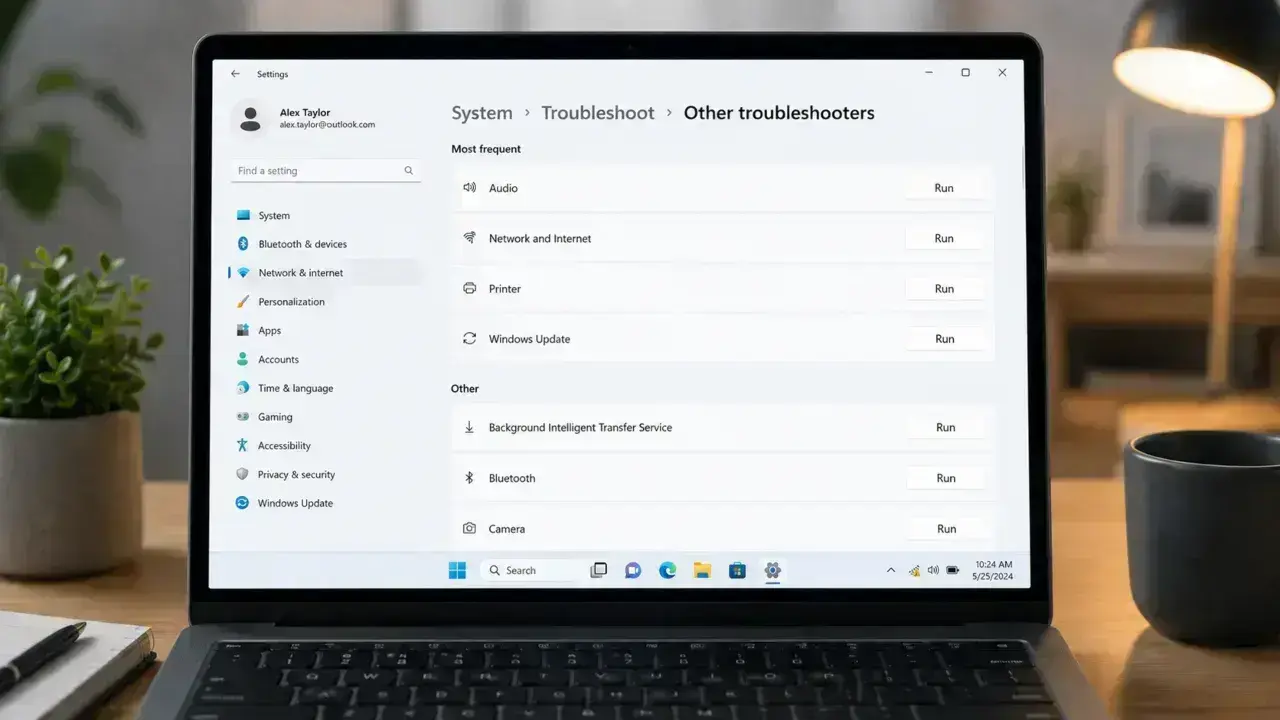 Windows 11 settings menu showing the Other troubleshooters screen with the Network and Internet troubleshooter option.