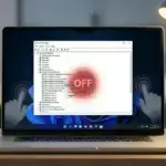 A laptop sitting on a wooden desk showing the Windows Device Manager on screen, featuring a prominent red circle with the word OFF over the touchscreen driver settings.