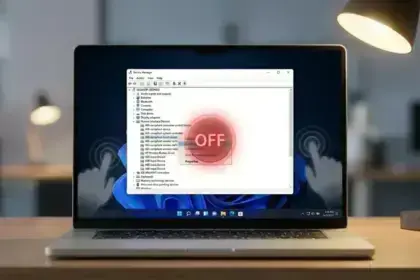 A laptop sitting on a wooden desk showing the Windows Device Manager on screen, featuring a prominent red circle with the word OFF over the touchscreen driver settings.