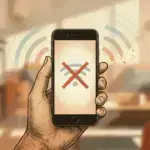 Illustration of hand holding iPhone with lost connection icon.