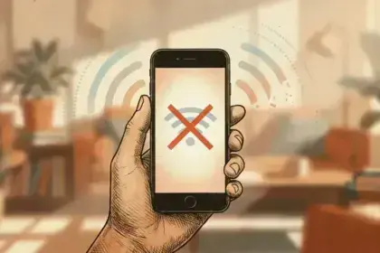 Illustration of hand holding iPhone with lost connection icon.