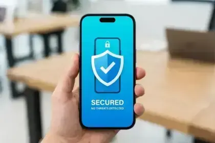 Can iPhones get viruses illustration showing iPhone with security shield icon.