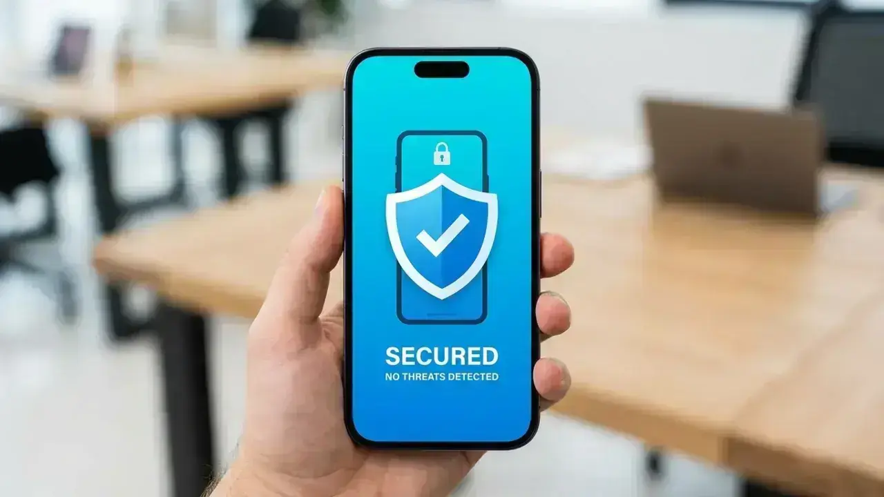 Can iPhones get viruses illustration showing iPhone with security shield icon.