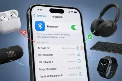 A close-up of an iPhone with the Bluetooth icon highlighted while multiple Bluetooth devices float around it with broken and one successful connection lines.
