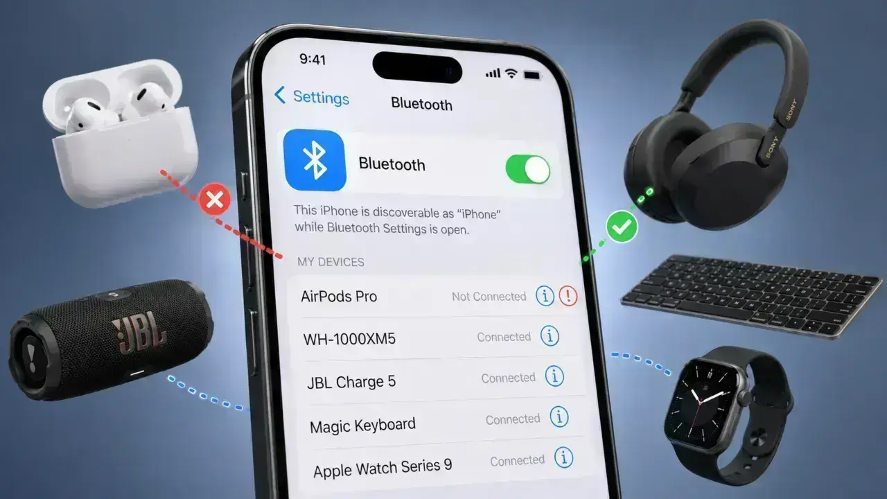 A close-up of an iPhone with the Bluetooth icon highlighted while multiple Bluetooth devices float around it with broken and one successful connection lines.