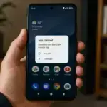 Hand holding an Android phone displaying a crashed app error popup for Example app on the home screen.