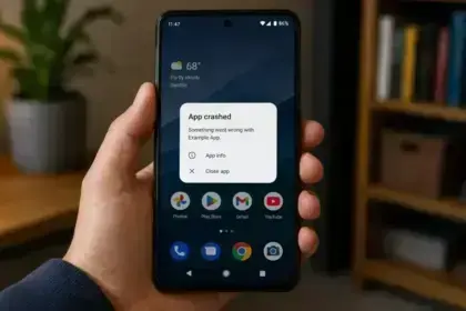 Hand holding an Android phone displaying a crashed app error popup for Example app on the home screen.