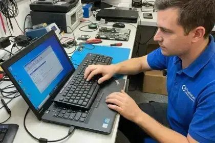 Technician diagnosing an unresponsive laptop keyboard with an external USB keyboard connected.