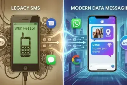A split visual of an old, text-only SMS bubble layout transforming into a rich, dynamic chat interface with high-res photos and typing indicators.