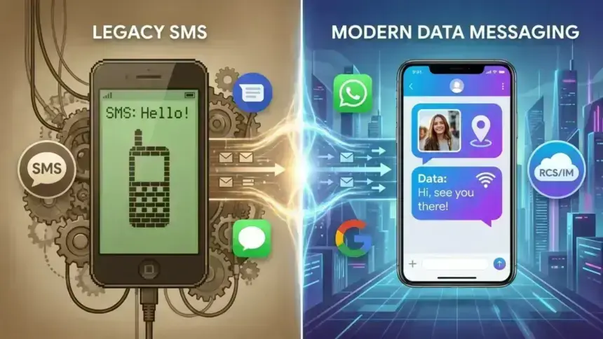 A split visual of an old, text-only SMS bubble layout transforming into a rich, dynamic chat interface with high-res photos and typing indicators.