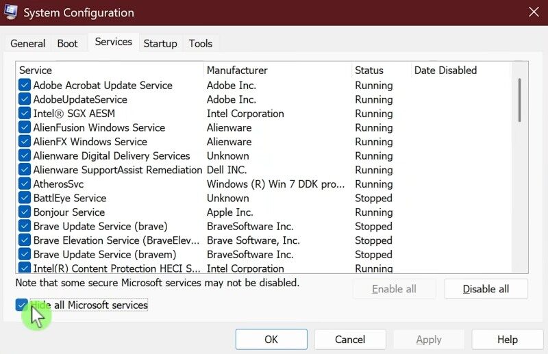Windows 11 screen with Hide all Microsoft services checkbox ticked.