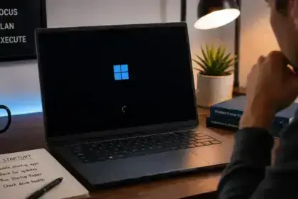 Windows 11 laptop showing a slow startup screen while a user troubleshoots boot performance.
