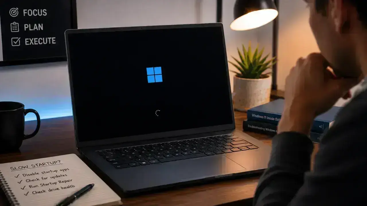 Windows 11 laptop showing a slow startup screen while a user troubleshoots boot performance.