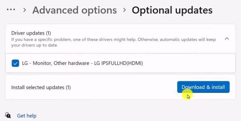 Windows 11 screen to install optional updates.