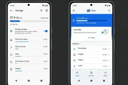 An Android phone screen showing the storage cleanup settings menu and Files by Google app.