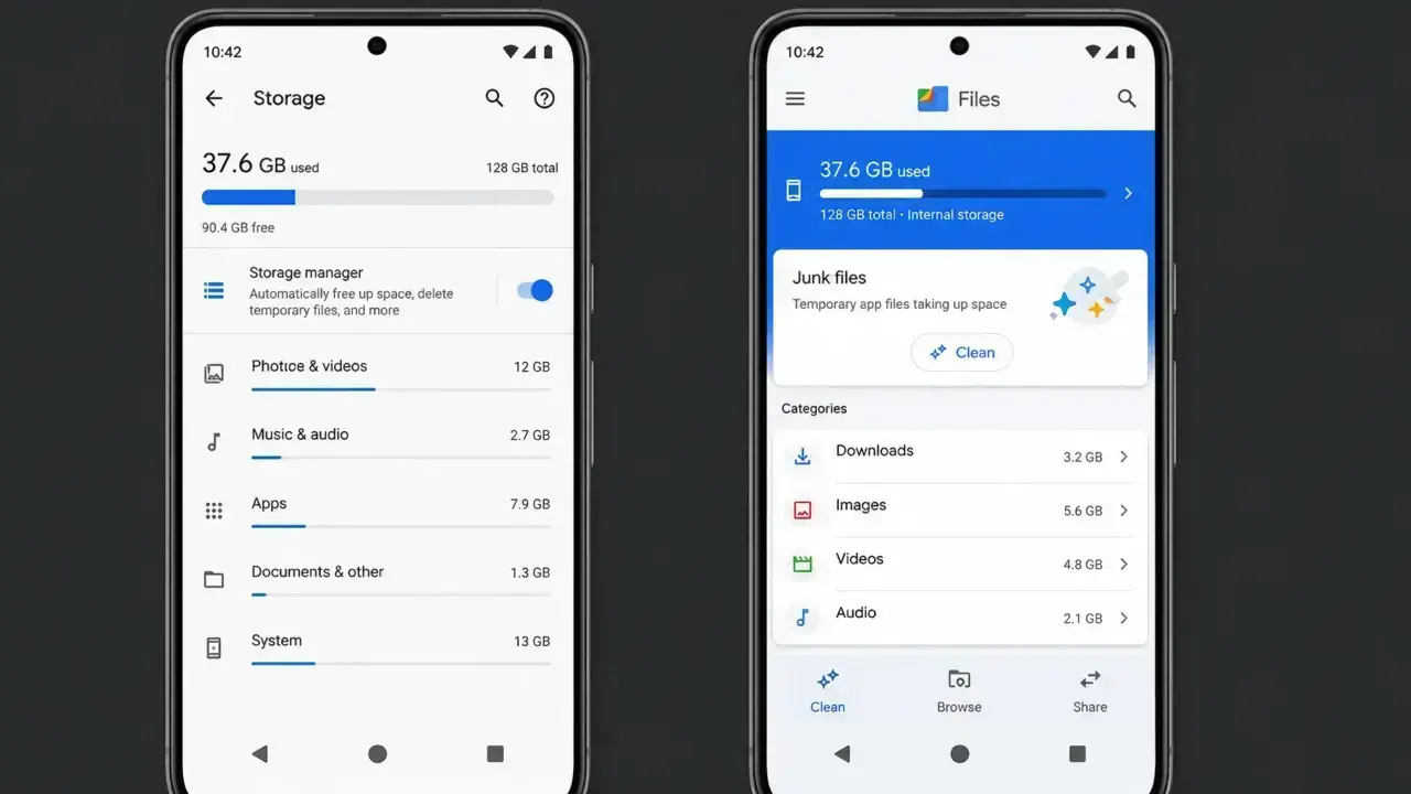 An Android phone screen showing the storage cleanup settings menu and Files by Google app.