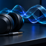 Modern studio headphones resting on a sleek desktop workspace beside an illuminated abstract sound wave, representing Windows audio diagnostics.