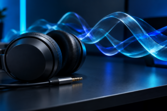 Modern studio headphones resting on a sleek desktop workspace beside an illuminated abstract sound wave, representing Windows audio diagnostics.